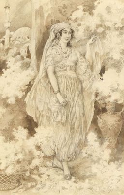 drawing of a woman in a white dress with a bird in her hand