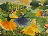 a painting of a group of people sitting in a field