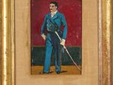 painting of a man in a blue suit holding a cane