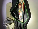 a snowboard and a snowboard bag hanging on a wall