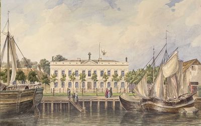 painting of boats in front of a large white building on a body of water