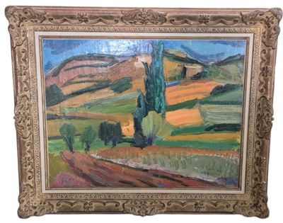 une peinture à l'huile représentant un paysage avec des arbres et des collines, dans un cadre doré