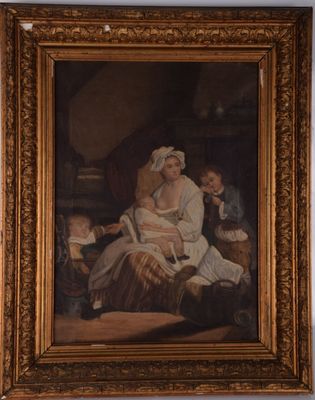 tableau représentant une femme et deux enfants dans une pièce avec une cheminée
