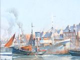 une peinture de bateaux dans un port avec des bâtiments à l'arrière-plan