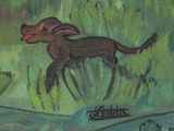 a painting of a dog running in the grass