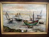 un tableau représentant des bateaux sur l'eau, près du rivage