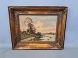 a painting of a landscape with a river in the foreground