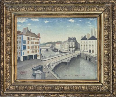 une peinture représentant un pont au-dessus d'une rivière avec des bâtiments à l'arrière-plan