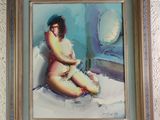 painting of a naked woman sitting on a bed in a room
