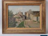 une image représentant un tableau d'une rue de village avec une calèche