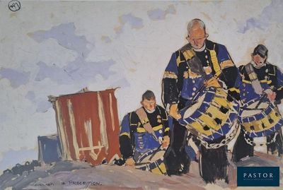 un tableau représentant un groupe d'hommes jouant du tambour