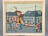 peinture d'un groupe de personnes marchant dans une rue devant un bâtiment