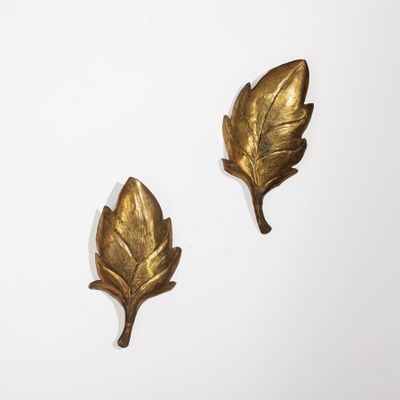 paire de crochets muraux en forme de feuille en laiton sur fond blanc