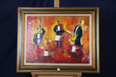 tableau représentant un groupe de musiciens sur scène, sur fond noir