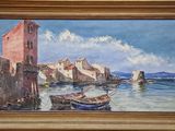 une peinture à l'huile représentant des bateaux dans un port avec un château à l'arrière-plan