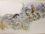 painting of a bear and her cubs in a field of grass