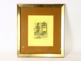 framed drawing of a building with a clock on the top of it