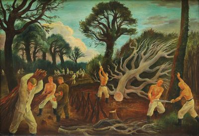 une peinture à l'huile représentant un groupe de personnes dans un environnement boisé