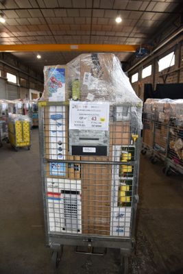 a cart with a lot of items in it in a warehouse