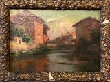 an image of a painting of a river with buildings in the background