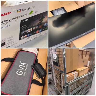several pictures of a display of electronics and boxes in a store