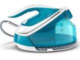a close up of a blue and white steam iron on a white surface