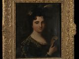 portrait of a lady in a green dress with a feather in her hair