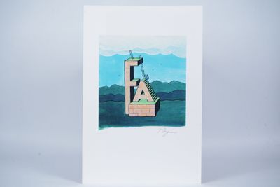 a white card with a painting of a lighthouse and the letter a on it
