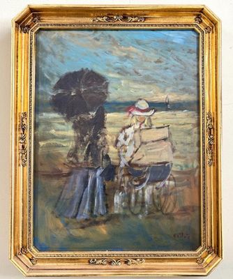un tableau représentant deux personnes assises sur un banc sous un parasol