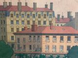 a painting of a building with a clock on it