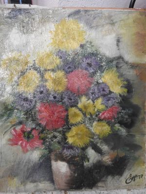 une peinture de fleurs dans un vase sur une table