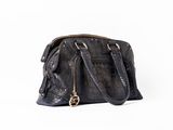 black croc embossed leather handbag on white background