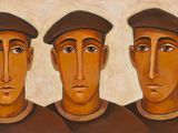 painting of a group of men wearing hats and brown shirts