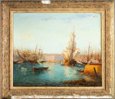une peinture à l'huile représentant une scène portuaire avec des bateaux dans l'eau