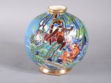 a blue vase with a picture of animals painted on it
