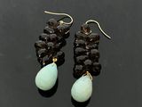 une paire de boucles d'oreilles composées de perles noires et vertes sur un fond noir