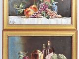 deux tableaux représentant des fruits et des fleurs posés sur une table, avec un vase