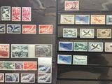 a lot of stamps on display on the wall