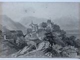 un vieux dessin en noir et blanc représentant un château au sommet d'une colline