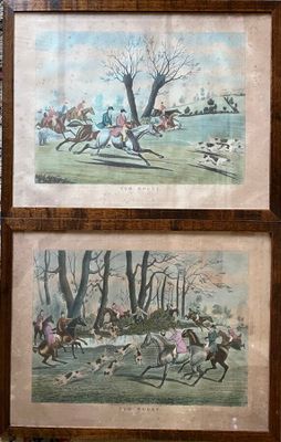 two framed pictures of a hunting scene on the wall