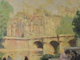 a painting of a group of people sitting on a bench