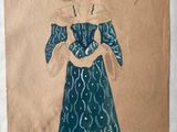 painting of a woman in a blue dress with a red stamp on it