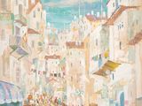 une peinture à l'huile représentant une rue animée où des gens marchent sur le trottoir