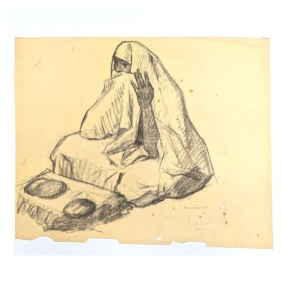 dessin au crayon représentant une femme assise par terre avec un livre