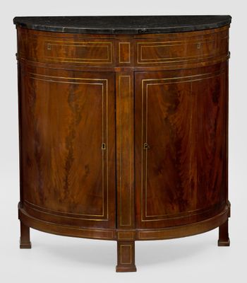 a wooden cabinet with a marble top and two doors