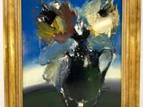painting of a vase of flowers with a blue sky in the background