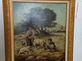 une peinture à l'huile représentant un homme avec un chien et des moutons dans un champ