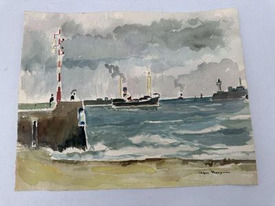 a picture of a painting of a boat in the water