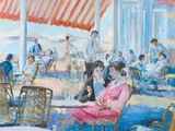 an oil painting of a woman sitting at a table in front of a group of people