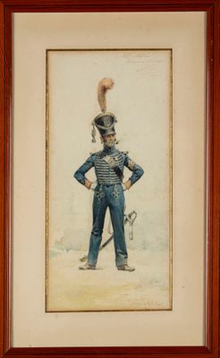tableau représentant un soldat en uniforme, muni d'une épée et d'un chapeau